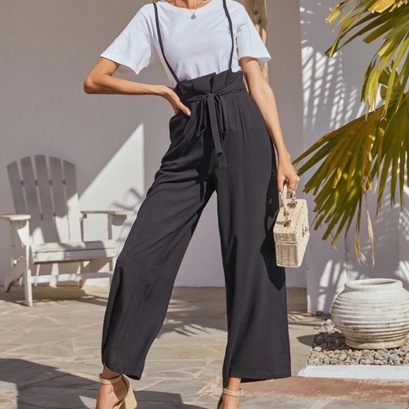 Solid Slant Pocket Belted Suspender Pants - Picture 2 of 3